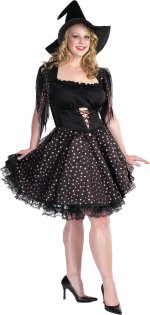 The fuller figure Adult Glitter Witch Costume includes a two-tone dress with lacing detail and coppe