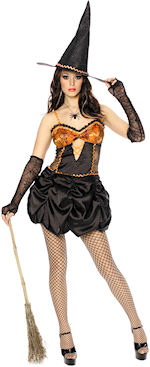 The Adult Hallowitch Costume includes a black and orange witchs dress with orange spaghetti straps, 
