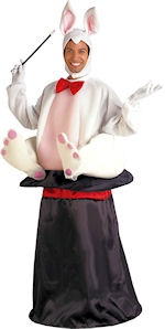 The Adult Magic Hat Rabbit Costume includes a rabbit headpiece and a two piece upturned top hat and 