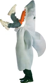 Includes one-piece novelty shark costume with attached legs effect.