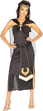 Includes dress with attached belt and cape and headpiece.