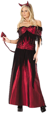 Includes taffeta dress with tail, belt and headpiece.