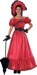 Costume comprises of long red dress with black lace frilling and circular headpiece and belt.