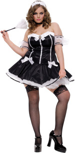 The Adult 5 Piece Charming Chambermaid Costume includes a dress, clear straps, armbands, neckpiece a