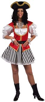 Deluxe quality pirate costume includes dress with attached waistcoat and blouse.