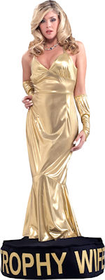 The Adult Trophy Wife Costume includes long metallic gold dress with attached black base bearing the