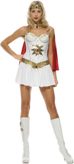 This She-Ra inspired costume includes an underwire dress, cape, headpiece and neckpiece.