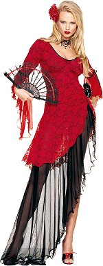 Outfit includes red and black spanish dancer dress with floral detail, bell drape sleeves and lace f