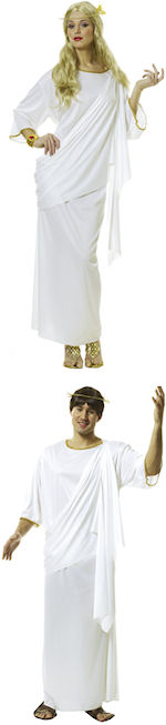 Costume includes tunic with attached drape and headpiece.