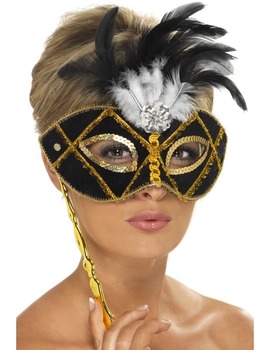 Unbranded Fancy Dress - Black and Gold Eyemask on Stick