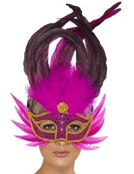 Unbranded Fancy Dress - Bright Pink Feathered Eyemask