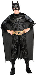 Includes jumpsuit with attached boot tops, cape and mask.