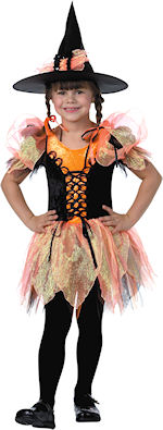 Black and orange childs witch costume, includes dress and hat.