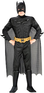 Includes muscle chest jumpsuit with attached boot tops, headpiece, cape and belt.