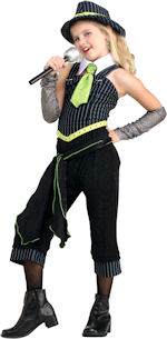 Gangster Moll costume includes top, trousers, belt and hat.