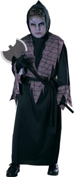Hooded robe with attached grey brick effect drape, and black waist sash. Excludes axe.