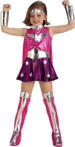 Includes dress with attached cape, gauntlets, belt, headband and boot tops.