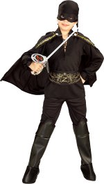 Includes cape, shirt, trousers with boot tops, bandana with eyemask and belt.