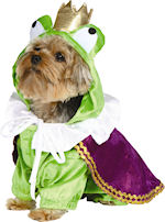 The Pet Froggy Doggy Costume includes an animated frog prince hood with crown and an attached cape w