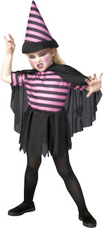 Toddlers cute witch costume with pink and black top and hat, and black skirt and cape.