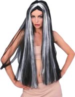36 inch long black witch wig with grey streaks.