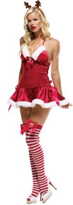 The Adult 2 Piece Reindeer Games Dress includes lace-up sides, Rudolph bow and headpiece.