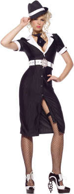 The Adult 3 Piece Brass Knuckle Betty Costume includes a dress, belt with dollar sign buckle and tie