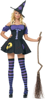 The Adult 3 Piece Magic Spell Witch Costume includes a hat, peasant top dress with applique and stri
