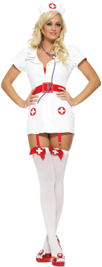 The Adult 5 Piece White Naughty Nurse includes a headpiece, stethoscope, gartered dress, belt and st