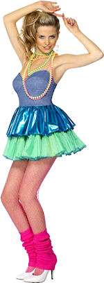 The Adult 80s Disco Chick Ra Ra Dress consists of a purple top and attached green and metallic blue 