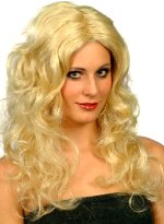 Glamourous long blonde wig with loose curls and centre parting.