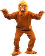 Budget priced adult lion costume comprising of fur headpiece with facial expressions, fur covered ha
