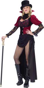 Costume includes dress with lace sleeves, collar with choker and hat.