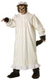 Includes flannel granny night gown with attached tail, plush shoe covers, plush fingerless gloves, n