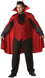 Devil costume includes vest with sleeves and jabot, medallion and horns.