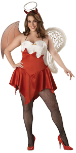 Includes red and white mini dress, wings, halo/horns headpiece and black fishnet tights.