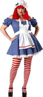 Includes polka-dot dress, petticoat, apron, hat, yarn wig and red/white striped stockings.
