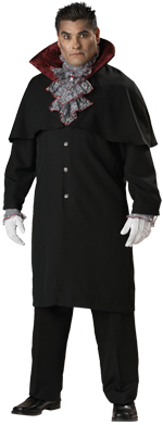 Includes long coat with attached cape and shirt sleeves with lace cuffs, dickie collar and medallion