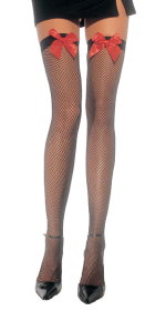 Unbranded Fancy Dress Costumes - Adult Fishnet Thigh High Stockings with Red Bow