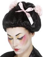 Black geisha style wig with pink ribbon and flowers detailing.