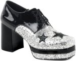 One pair of Adult Glam Rock Glitter Shoes featuring 3.5 inch block heels and black star detailing.