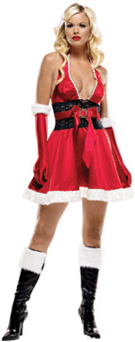 The Adult Halterneck Christmas Costume includes a satin halter dress with lace bodice and bow.