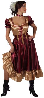 Deluxe saloon girl costume includes dress with corset style lacing around front.