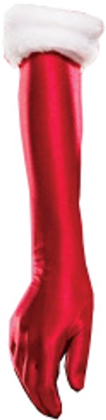 One pair of elbow length red satin gloves with a plush white fur trim. One size fits most.