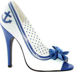 Blue and white sailor shoes with blue bow and anchor detail.