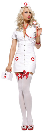 The Adult White 3 Piece Pleather Nurse includes a hat, button front dress and stethoscope.