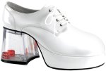 One pair of white platform shoes featuring 3.5 inch heels liquid infused with dice.