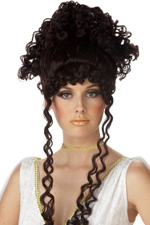 Long brunette goddess wig with tight curls, ideal for Greek or Roman costumes.