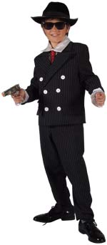 Black pinstriped gangster suit with button detailing.