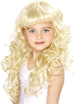 Long blonde curly child princess wig.